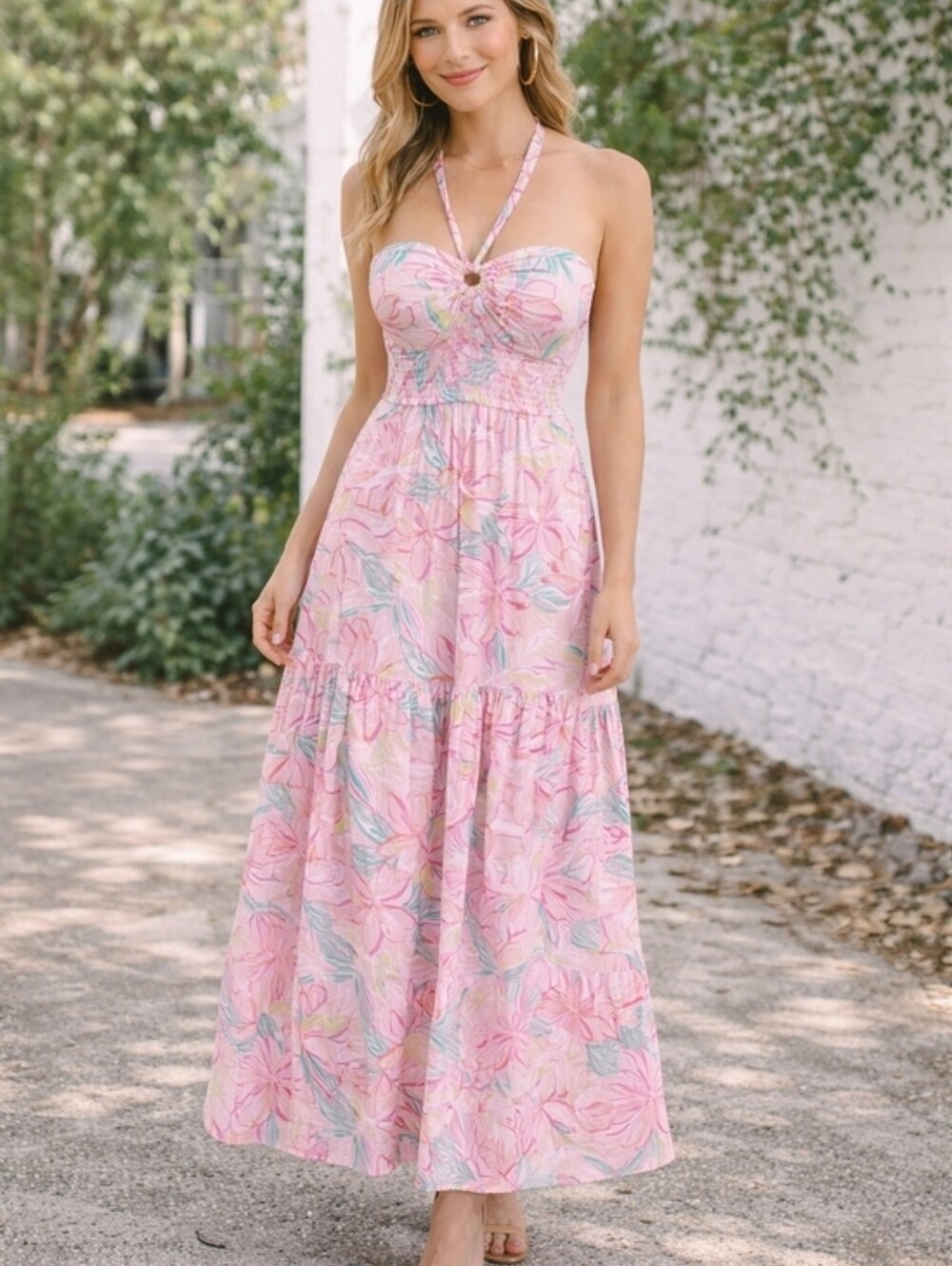 Jessica Simpson Halter Pink Floral Maxi Dress with Smocked Waist